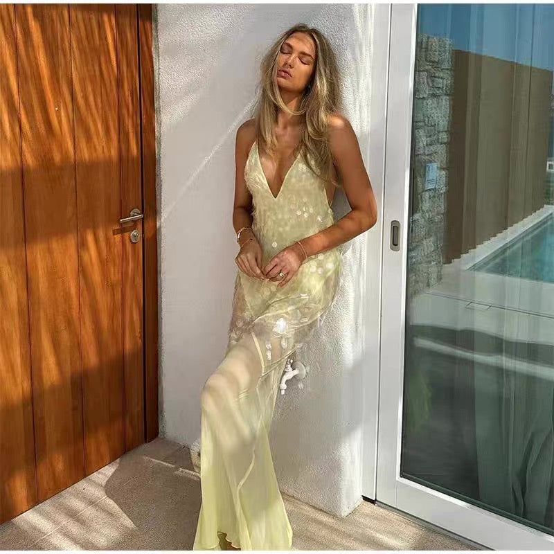 Sexy Mermaid Spaghetti Straps Bright Yellow Sequin Chiffon Long Prom Dress,Evening Dress GG855