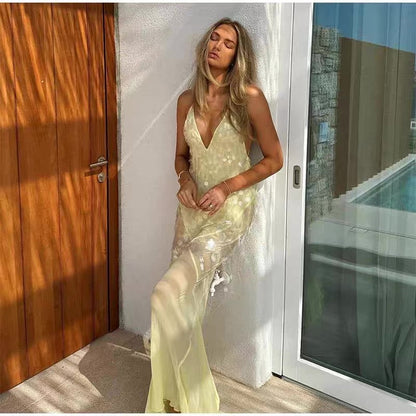 Sexy Mermaid Spaghetti Straps Bright Yellow Sequin Chiffon Long Prom Dress,Evening Dress GG855
