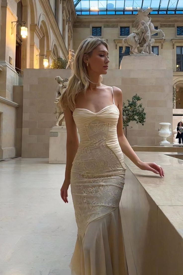 Elegant Mermaid Spaghetti Straps Pastel Yellow Lace Applique Chiffon Long Prom Dress,Evening Dress GG856