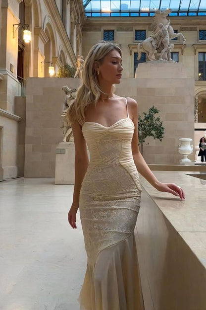 Elegant Mermaid Spaghetti Straps Pastel Yellow Lace Applique Chiffon Long Prom Dress,Evening Dress GG856