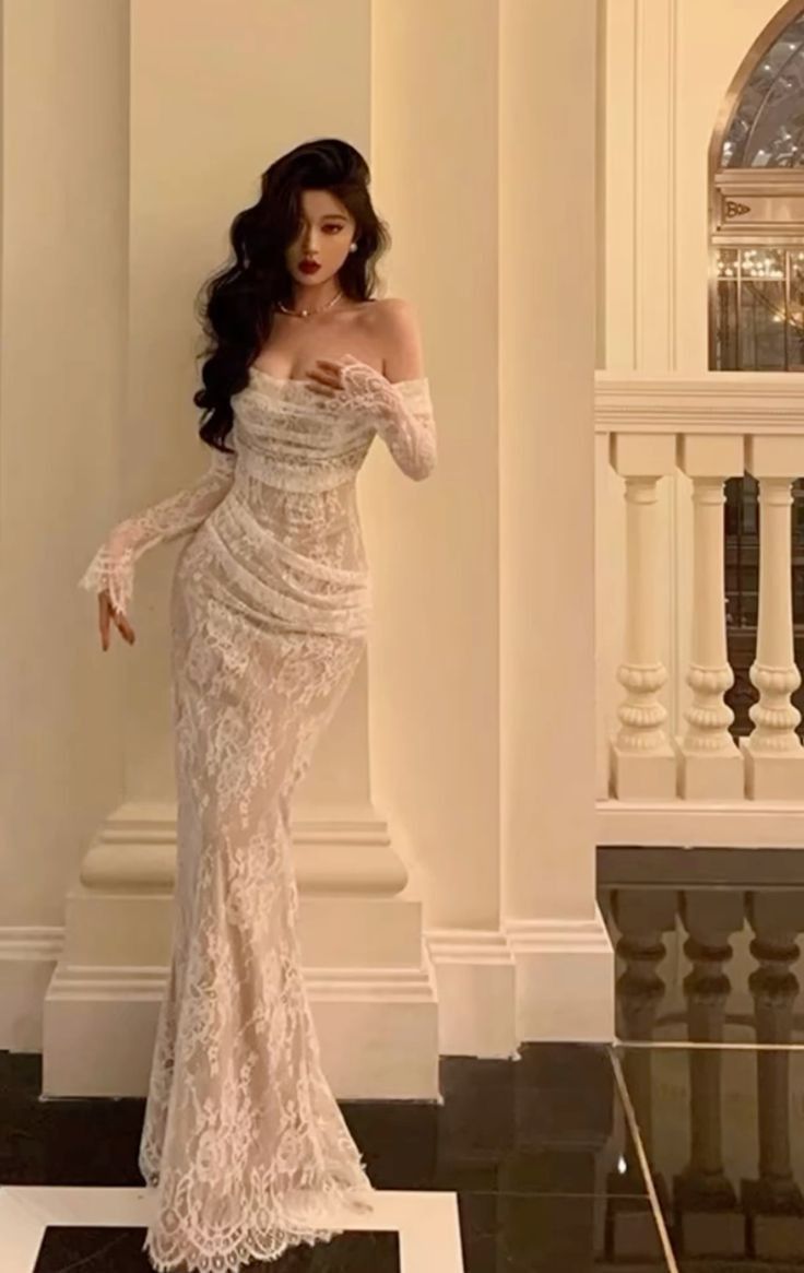Chic Mermaid Off The Shoulder White Lace Applique Long Sleeve Long Prom Dress,Evening Dress GG857