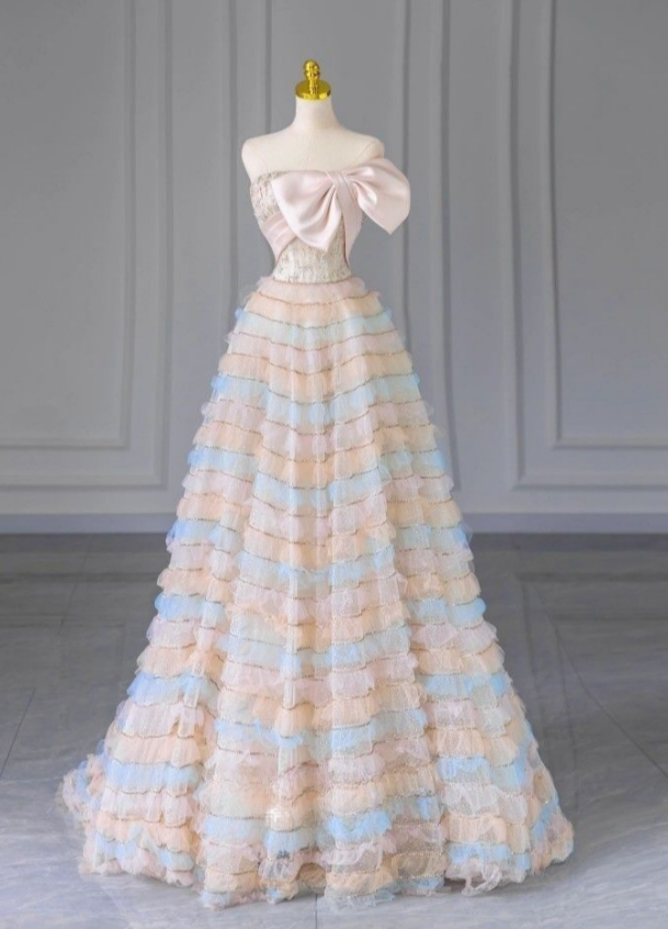 Princessful A Line Strapless Colorful Layered Tulle Bow Long Prom Dress,Evening Dress GG858