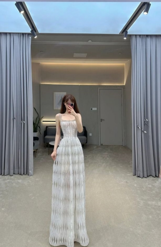 Elegant A Line Square White Chiffon Beaded Long Prom Dress,Evening Dress GG861