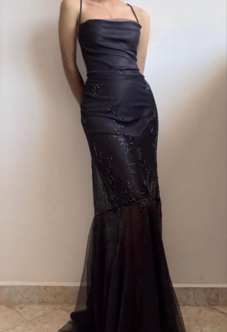Chic Mermaid Spaghetti Straps Black Tulle Beaded Long Prom Dress,Evening Dress GG869