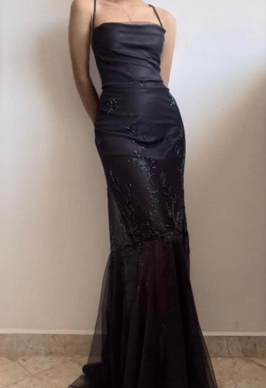 Chic Mermaid Spaghetti Straps Black Tulle Beaded Long Prom Dress,Evening Dress GG869