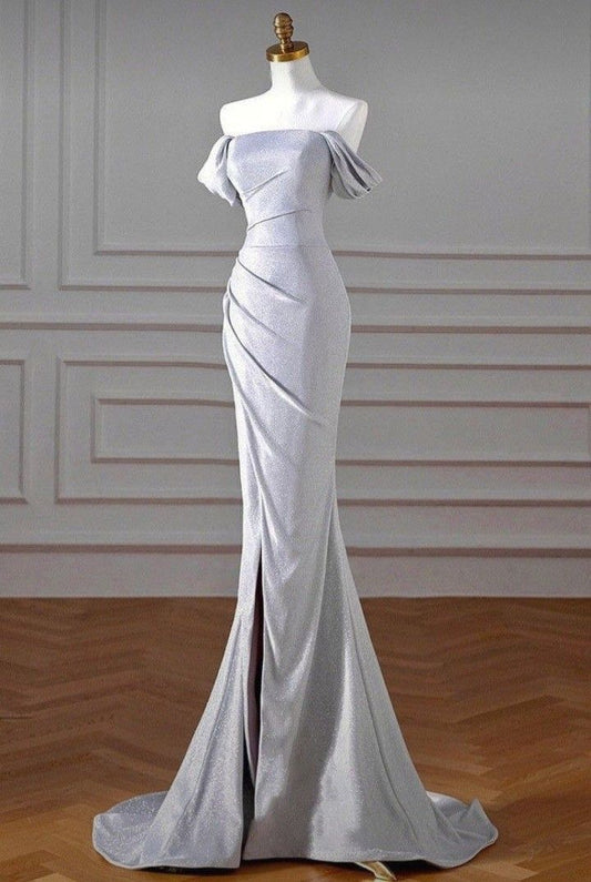 Glitter Mermaid Off The Shoulder Siilver Gray Satin Pleats Slit Long Prom Dress,Evening Dress GG871