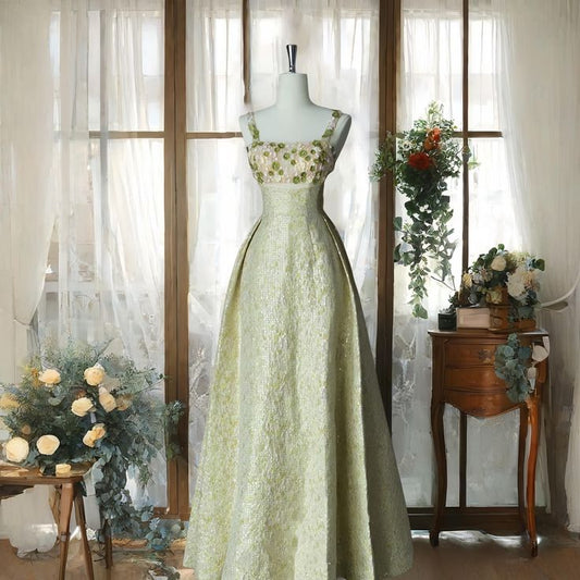 Glam A Line Square Satin Sequin Applique Beaded Long Prom Dress,Evening Dress GG875