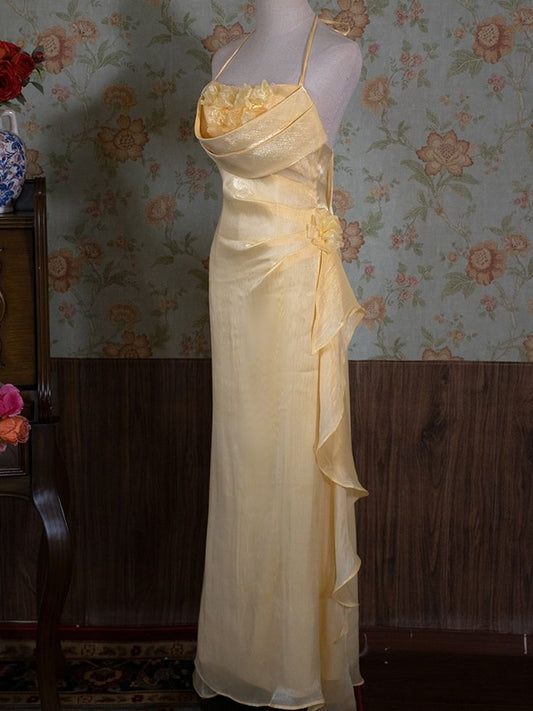 Graceful Mermaid Halter Yellow Chifffon Flower Long Prom Dress,Evening Dress GG879
