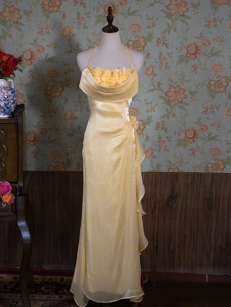 Graceful Mermaid Halter Yellow Chifffon Flower Long Prom Dress,Evening Dress GG879