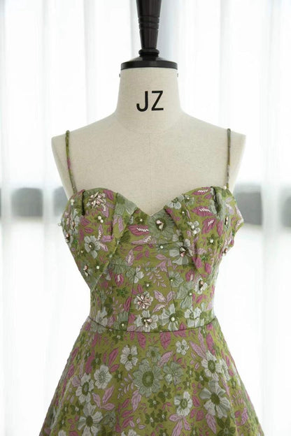 Gorgeous A Line Spaghetti Straps Satin Print Floral Long Prom Dress,Evening Dress GG880