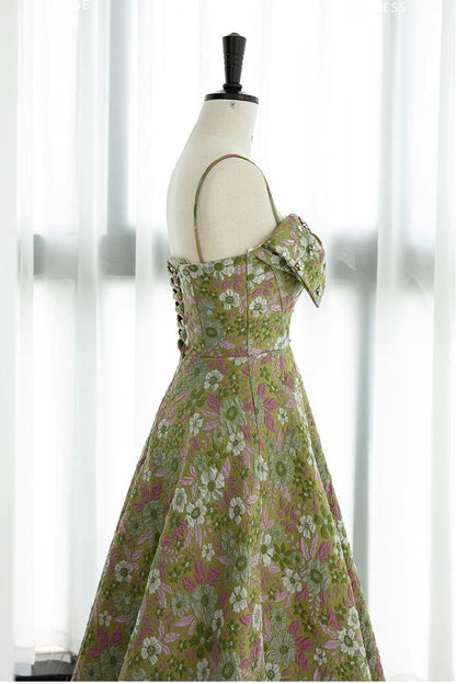 Gorgeous A Line Spaghetti Straps Satin Print Floral Long Prom Dress,Evening Dress GG880