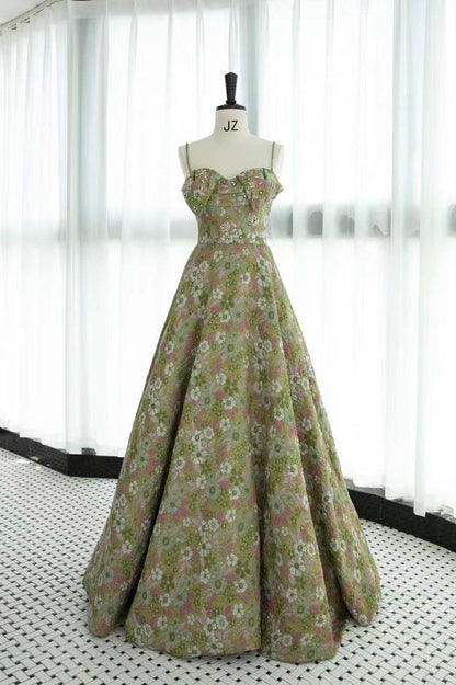 Gorgeous A Line Spaghetti Straps Satin Print Floral Long Prom Dress,Evening Dress GG880