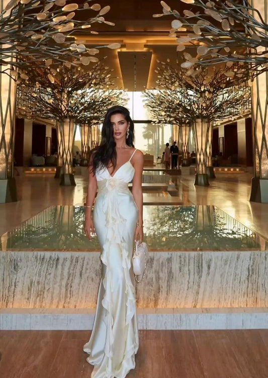 Graceful Mermaid Spaghetti Straps Satin Flower Ripple Long Prom Dress,Evening Dress GG887