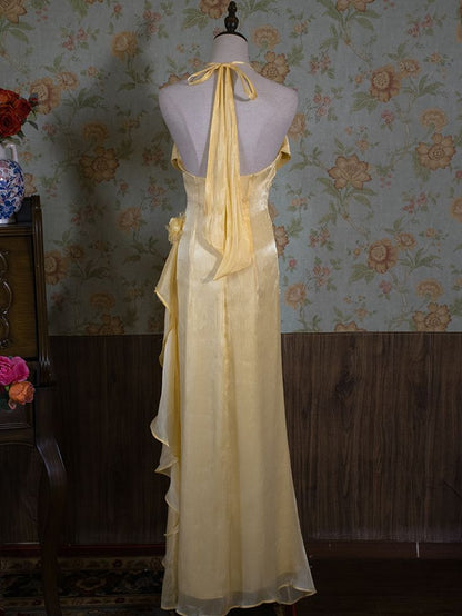 Graceful Mermaid Halter Yellow Chifffon Flower Long Prom Dress,Evening Dress GG879