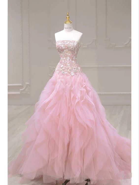 Luxurious A Line Strapless Pink Tulle Applique Long Prom Dress,Party Dress,Evening Dress GG888