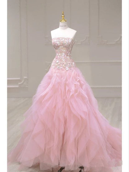 Luxurious A Line Strapless Pink Tulle Applique Long Prom Dress,Party Dress,Evening Dress GG888