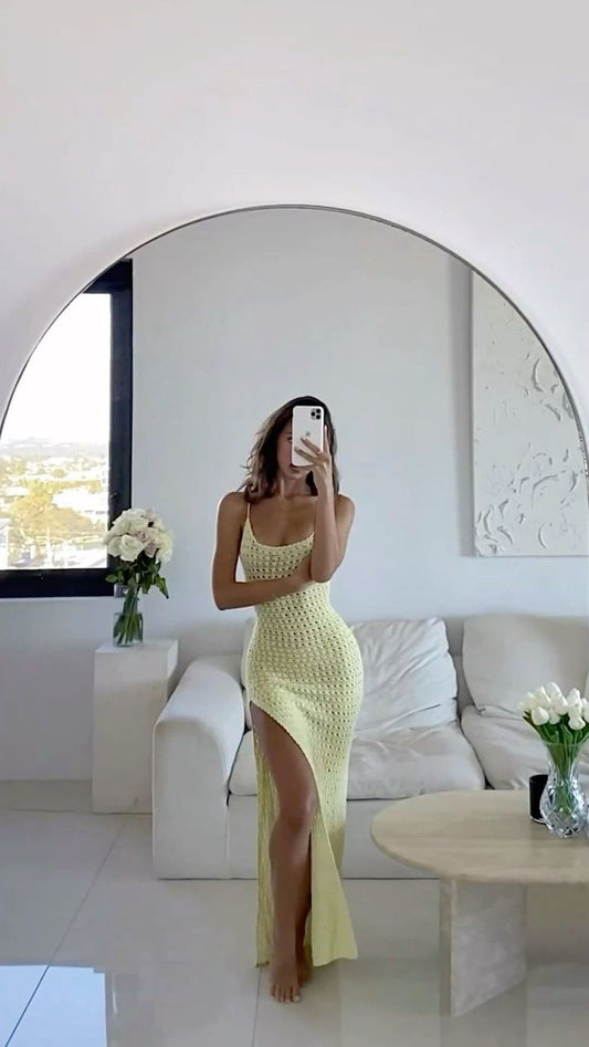 Sexy Mermaid Spaghetti Straps Knitted Hollow Low Collar Slit Long Prom Dress,Evening Dress GG897
