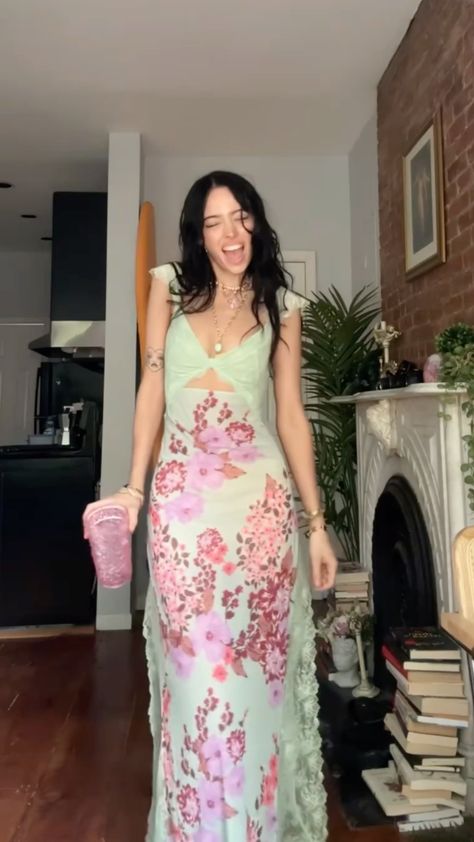 Chic Mermaid V Neck Sage Chiffon Printing Long Prom Dress,Evening Dress GG901