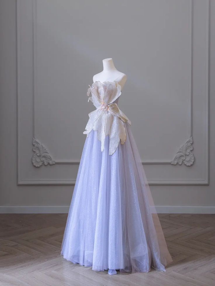 Elegant A Line Strapless Lilac Tulle Floral Long Prom Dress,Evening Dress GG905