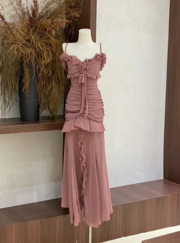 Chic Mermaid Spaghetti Straps Chiffon Flower Pleats Long Prom Dress,Evening Dress GG908