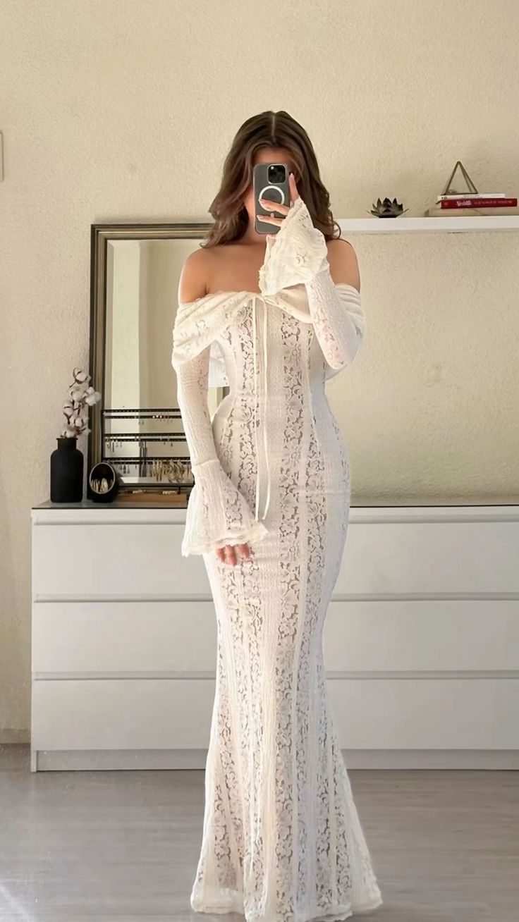 Chic Mermaid Off The Shoulder Lace Long Sleeve Long Prom Dress,Evening Dress GG909