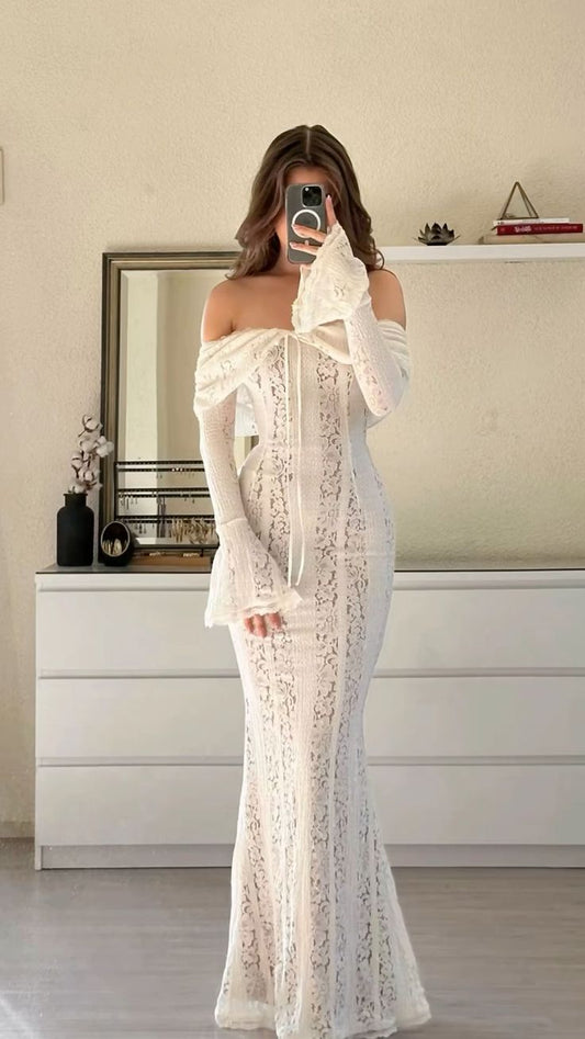Chic Mermaid Off The Shoulder Lace Long Sleeve Long Prom Dress,Evening Dress GG909