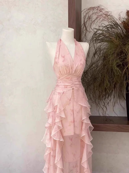Elegant A Line Halter Ruffled Pink Chiffon High Low Long Prom Dress,Evening Dress GG911