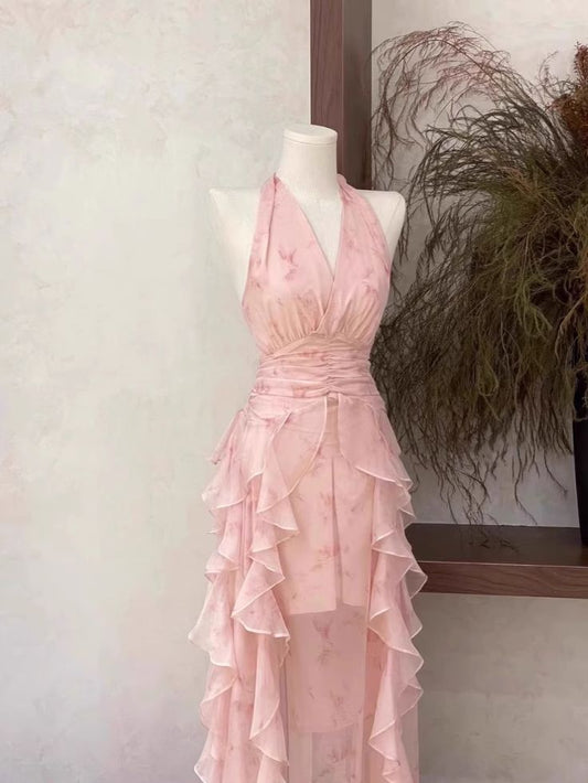 Elegant A Line Halter Ruffled Pink Chiffon High Low Long Prom Dress,Evening Dress GG911