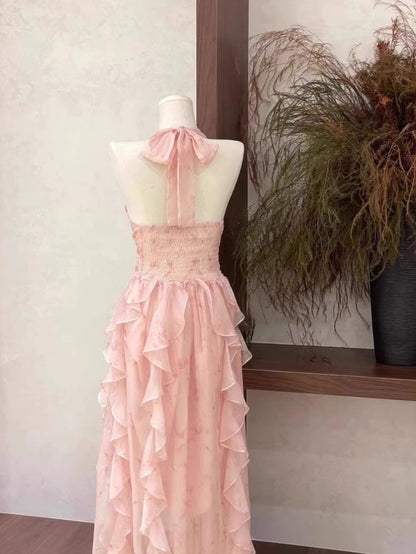 Elegant A Line Halter Ruffled Pink Chiffon High Low Long Prom Dress,Evening Dress GG911