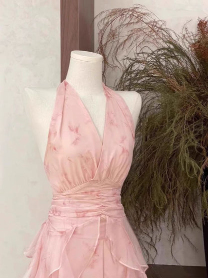 Elegant A Line Halter Ruffled Pink Chiffon High Low Long Prom Dress,Evening Dress GG911