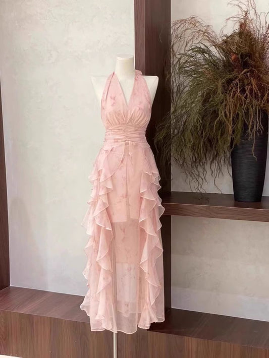 Elegant A Line Halter Ruffled Pink Chiffon High Low Long Prom Dress,Evening Dress GG911