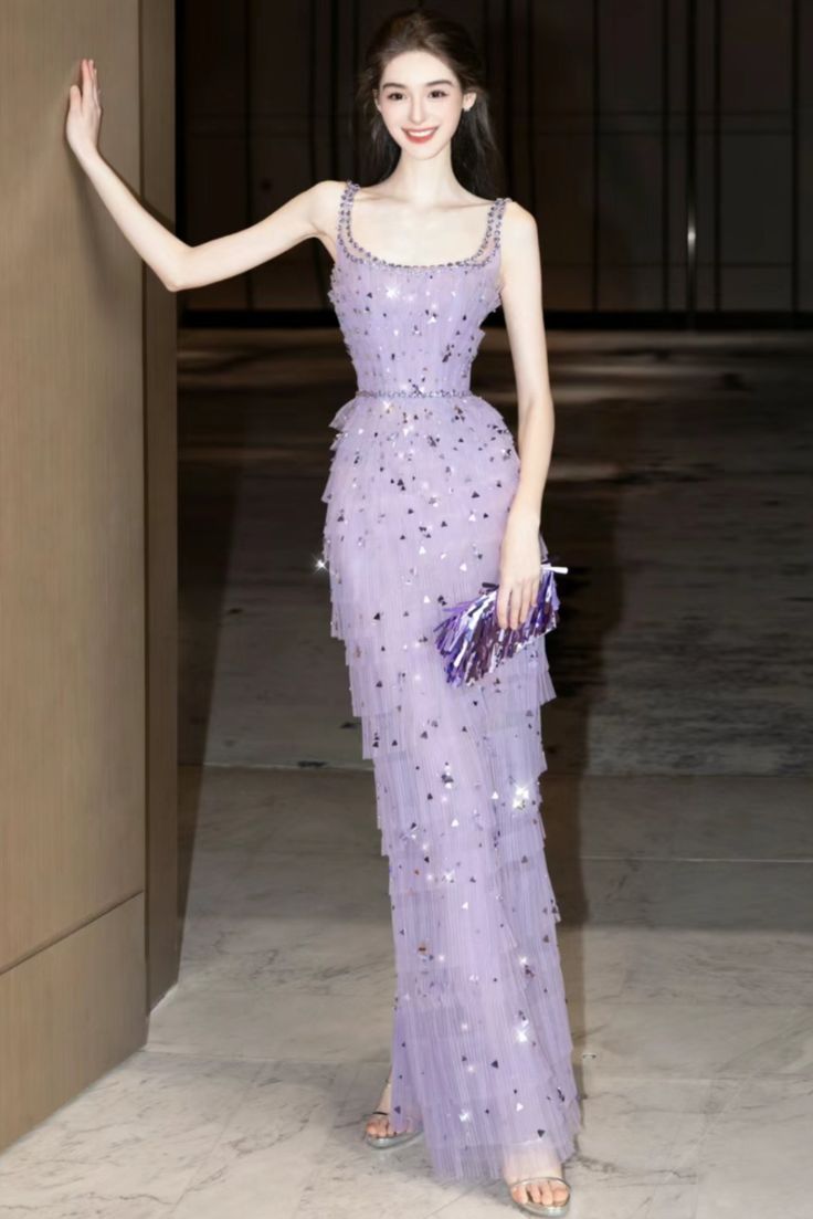 Shiny A Line Square Sequin Lilac Tulle Long Prom Dress,Evening Dress GG914