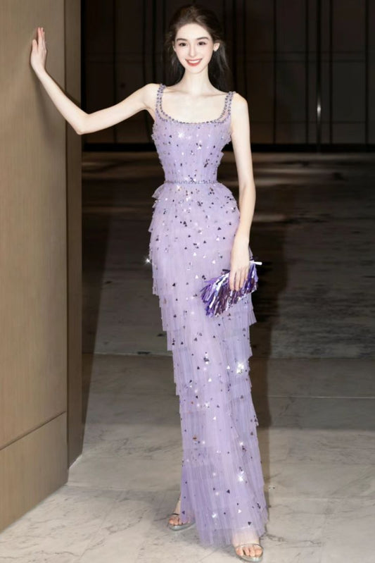 Shiny A Line Square Sequin Lilac Tulle Long Prom Dress,Evening Dress GG914