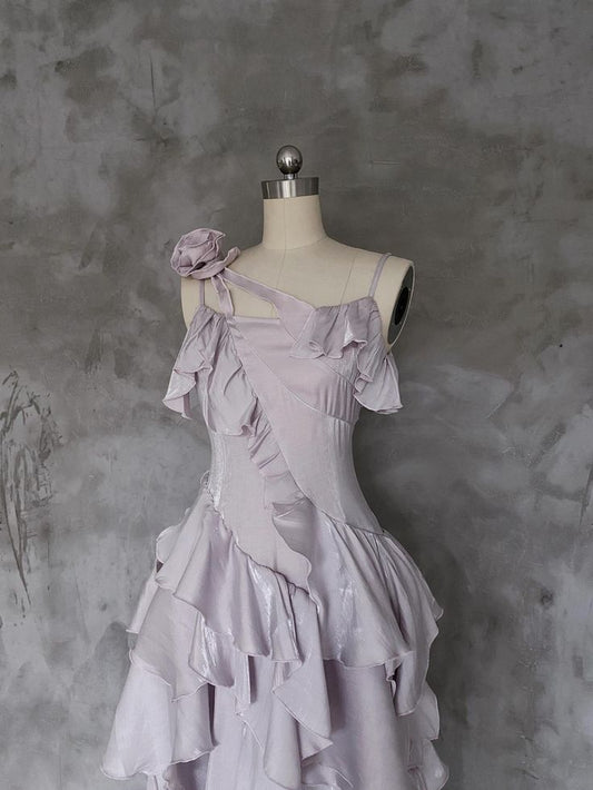 Graceful A Line Spaghetti Straps Light Purple Ripple Chiffon Flower Long Prom Dress,Evening Dress GG915