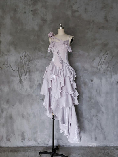 Graceful A Line Spaghetti Straps Light Purple Ripple Chiffon Flower Long Prom Dress,Evening Dress GG915