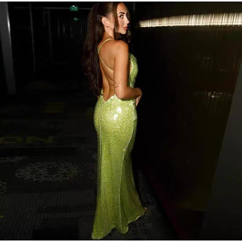 Charming Mermaid Spaghetti Straps Sequin Backless Long Prom Dress,Evening Dress GG921