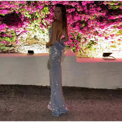 Glitter Mermaid Halter Silver Sequin Long Prom Dress,Evening Dress GG2001