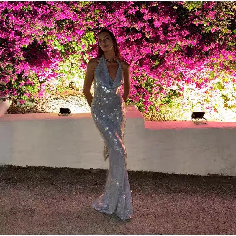 Glitter Mermaid Halter Silver Sequin Long Prom Dress,Evening Dress GG2001