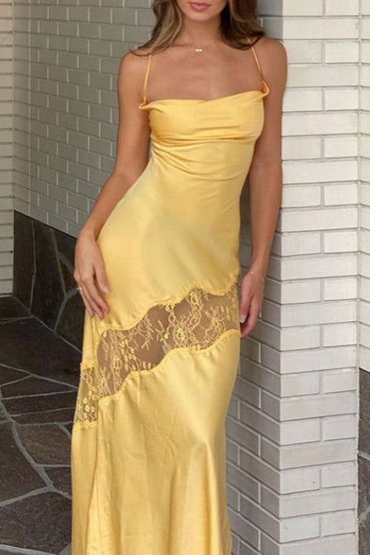 Energetic Mermaid Yellow Spaghetti Straps Silk Lace Long Prom Dress,Evening Dress GG922