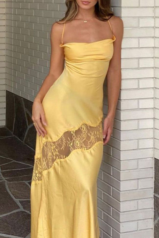Energetic Mermaid Yellow Spaghetti Straps Silk Lace Long Prom Dress,Evening Dress GG922