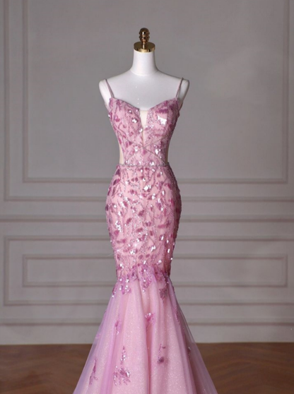 Delicate Mermaid Spaghetti Straps Stones Hem Tulle Long Prom Dress,Evening Dress GG929