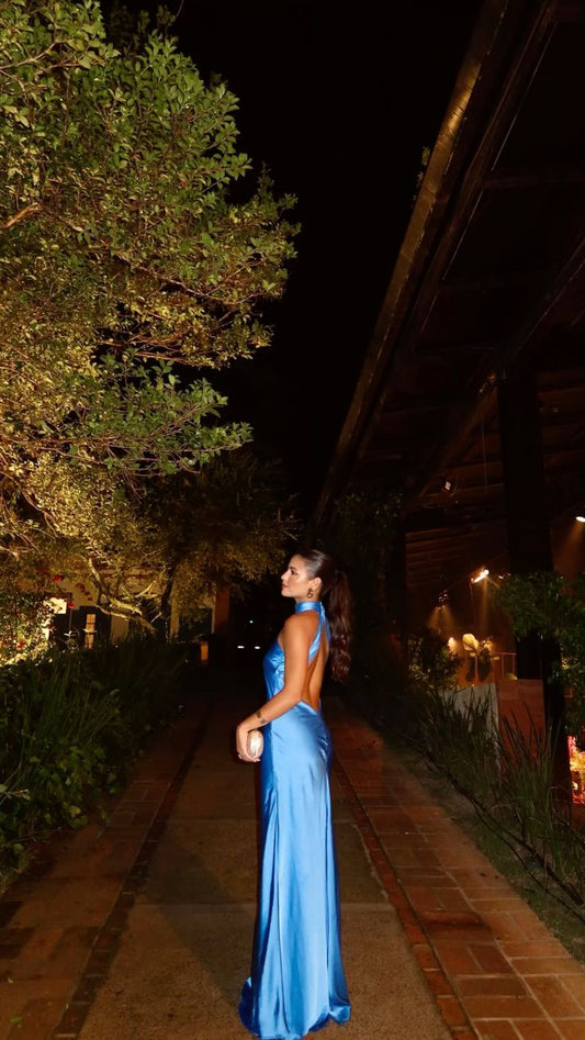 Sexy Mermaid Halter Blue Satin Backless Long Prom Dress,Evening Dress GG944