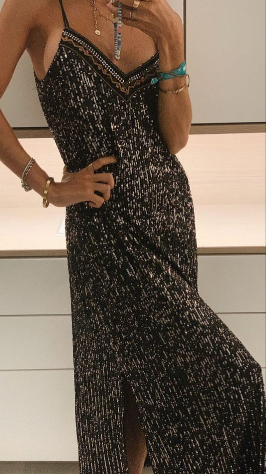 Glitter A Line Spaghetti Straps V Neck Black Satin Beaded Slit Long Prom Dress,Evening Dress GG953