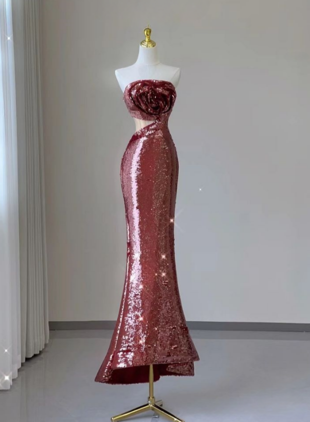 Glam Mermaid Strapless Satin Flower Sequin Long Prom Dress,Evening Dress GG964