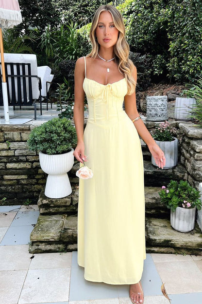Elegant A Line Pastel Yellow Satin Spaghetti Straps Long Prom Dress,Evening Dress GG965