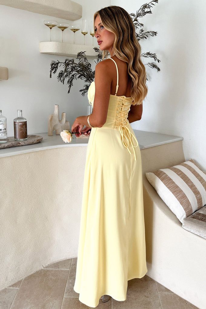 Elegant A Line Pastel Yellow Satin Spaghetti Straps Long Prom Dress,Evening Dress GG965