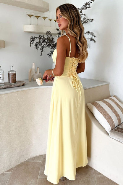 Elegant A Line Pastel Yellow Satin Spaghetti Straps Long Prom Dress,Evening Dress GG965