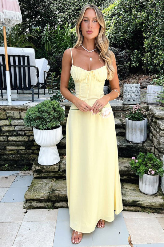 Elegant A Line Pastel Yellow Satin Spaghetti Straps Long Prom Dress,Evening Dress GG965