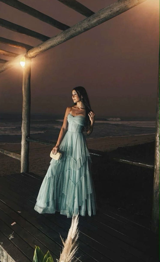 Graceful A Line Spaghetti Straps Mint Green Tulle Sequin Long Prom Dress,Evening Dress GG966