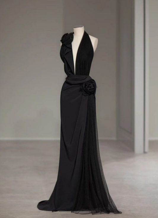 Chic Mermaid Halter V Neck Black Tulle Flower Long Prom Dress,Evening Dress GG970